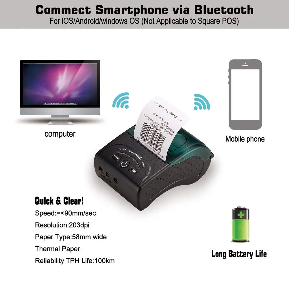 58mm mini Pocket 2 inch USB Pos Printer Thermal Bluetooth Printerfor Restaurants and Supermarkets for Window Android IOS | Компьютеры и