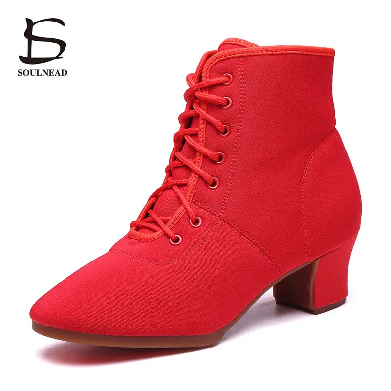 High Top Salsa Dance Shoes Women Red Latin Dance Shoes Jazz Dancing Boots Heel 3/5cm Outdoor Adult Woman Ballroom Dance Sneakers