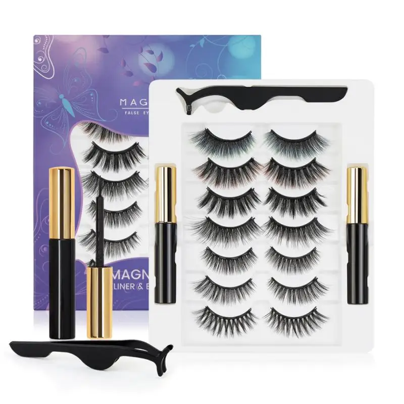 7 Pairs Magnetic Eyelashes 3D False Mink Eyelashes Magnet Lashes Magnetic Eyeliner&Tweezer Set Makeup Tools Maquiagem