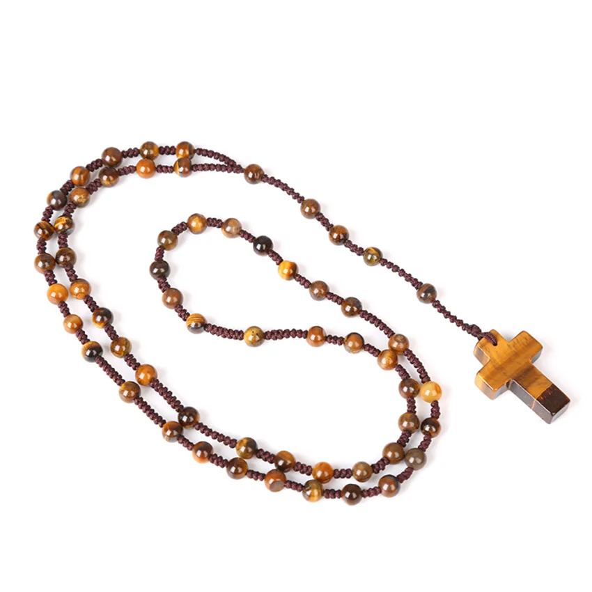 FYJS Unieke Handgemaakte Weave Tiger Eye Stone Cross Hanger Groene Aventurijn Ketting met Ronde Kralen Ketting Sieraden