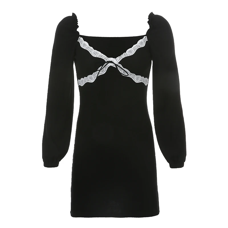 

Rockmore Y2K Aesthetic Cute Patchwork Lace Women Long Sleeve Dress Summer Sexy V-Neck Party Mini Dress Female Streetwear Dresses