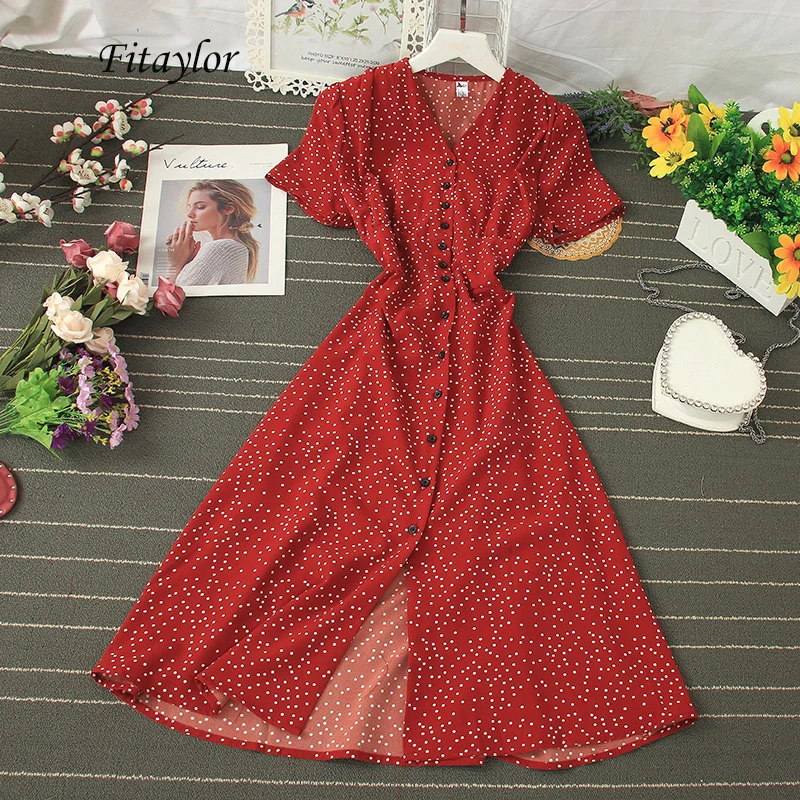 Женское винтажное платье Fitaylor облегающее однобортное миди в горошек с v-образным