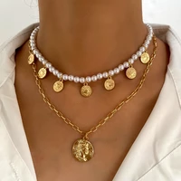 white round pearl gold portrait sun coin pendant beaded necklace for women simulated pearl bead choker metal link charm jewelry