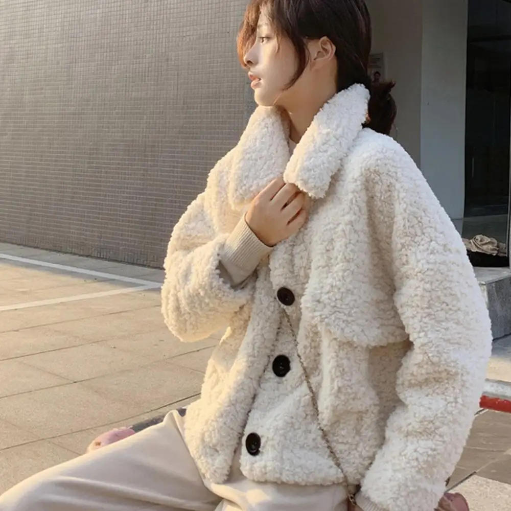 

Women Autumn Winter Buttons Faux Fleece Long Sleeve Coat Jacket Warm Outerwear Thick Fur Fluffy Pockets Overcoat Outerweat