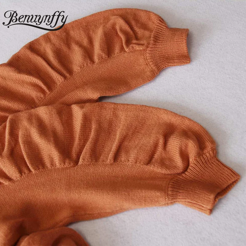 

Benuynffy Mock Neck Shirred Long Sleeve Knitted Sweater Women Autumn Winter Korean Loose Casual Pullover Ladies Short Sweaters