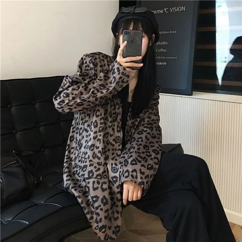 

2021 Spring And Autumn Blazer Coat For Women Long Sleeve Loose Fit Leopard Printed Y2k Streetwear Outwear Female Suit Jacket