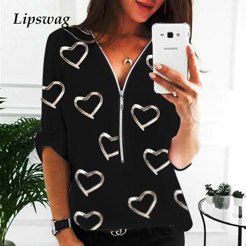 

Sexy V Neck Zip-Up Women Blouses Fashion Casual Heart Print Loose Spring Tops Blusa Autumn Adjusted Long Sleeve Shirts Pullover