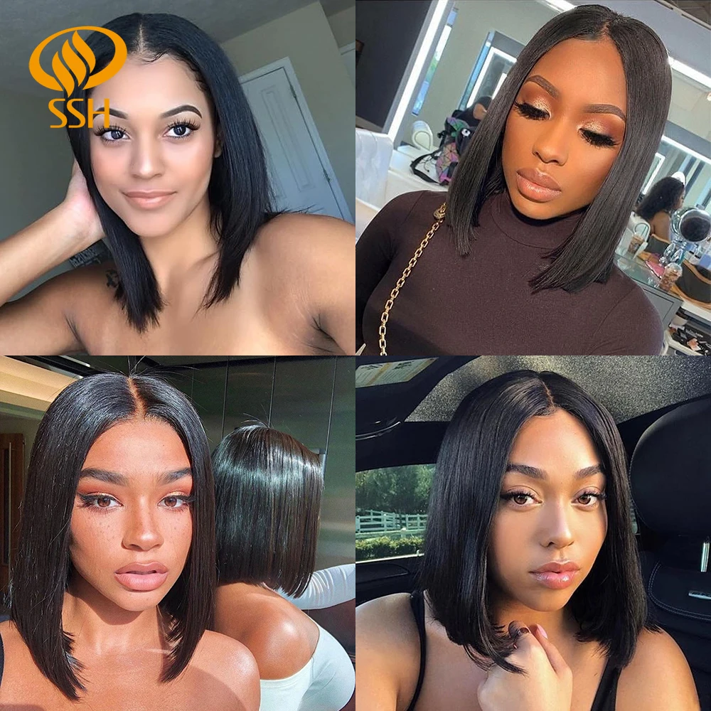 SSH Straight Short Bob Human Hair Wigs for Black Women Lace Part Brazilian Hair Wigs Remy Hair Middle Part Side For Brown Women