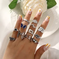 12pcsset bohemia alt butterfly flower womens ring stackable frog star crying face hug phalanx rings trend adjustable bagues