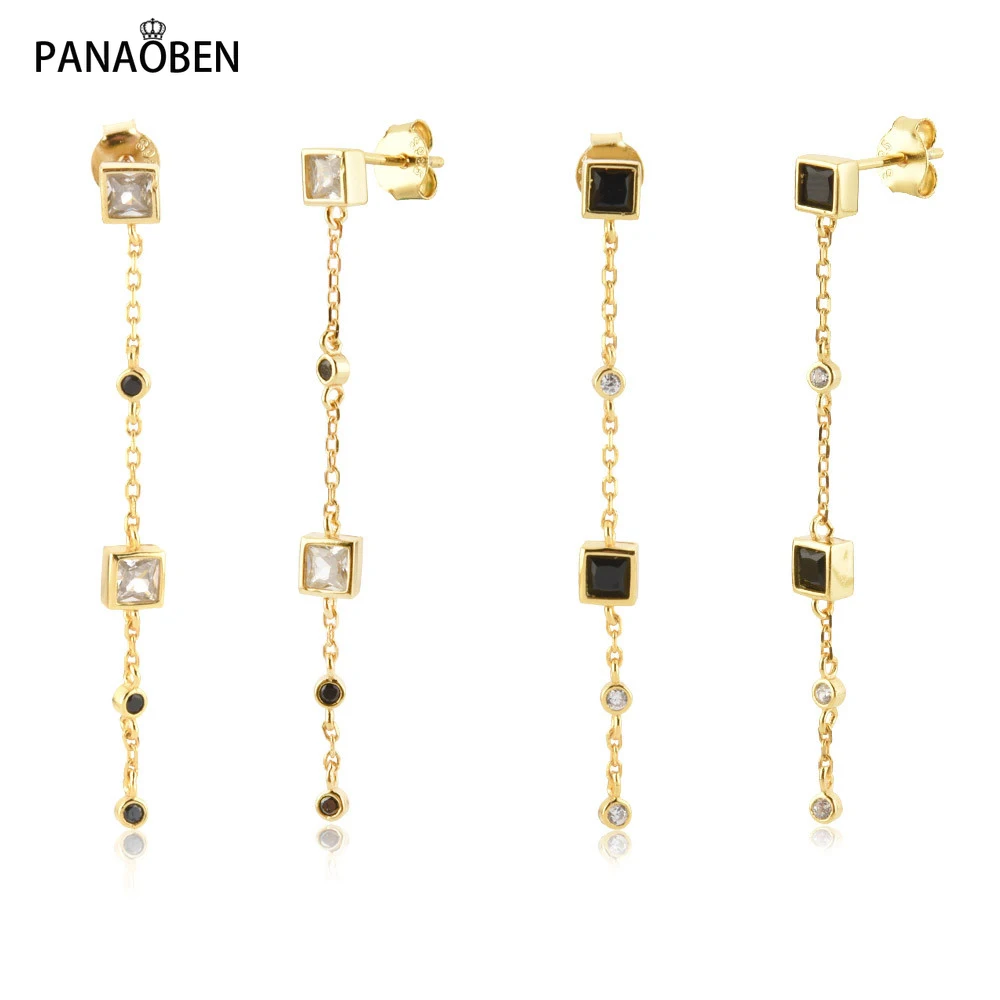 

Женские длинные серьги-капельки PANAOBEN, серьги из стерлингового серебра 925 пробы с черным цирконием, элегантные свадебные украшения в подарок