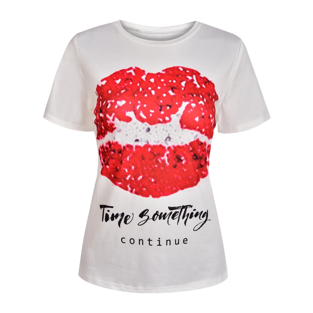 

Women Big Red Lips Printed Tops Summer Casual Printed Short Sleeve T Shirt Tee Tops Female Round Neck Short Sleeve T Shirt D30