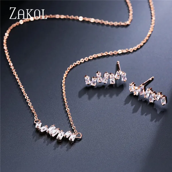 Rose Gold Set Модные черные браслеты ZAKOL с кубическим цирконием, модные браслеты-манжеты для женщин и девушек, вечерние ювелирные изделия на свадьбу FSBP154 - Окраска металла: Rose Gold Set