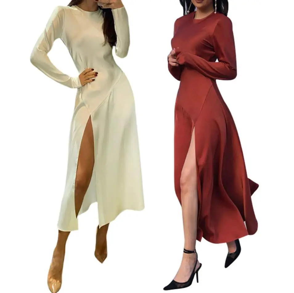 

Платье женское однотонное с длинным рукавом, элегантное эластичное повседневное уличное с разрезом сбоку, с вилкой и круглым вырезом, весна...