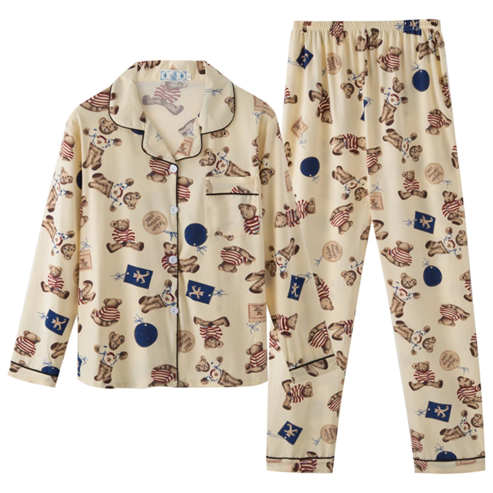 

Pijama ropa de dormir fina para el hogar bonito larga para Mujer, estampado de oso,, 2 piezasde de manga