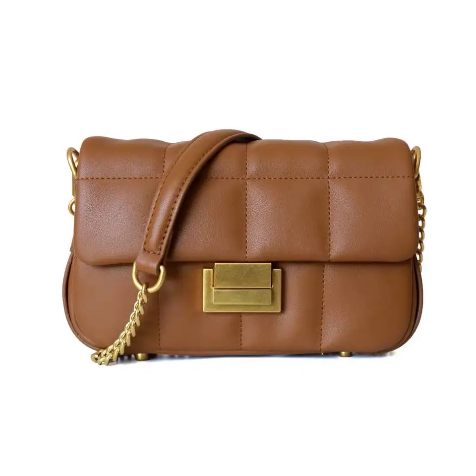 

Woman Real Leather Shoulder Bags With Gold Chain Belt Female Quality Small Square Bag With Lock Girls Fashion Shoulder Bags