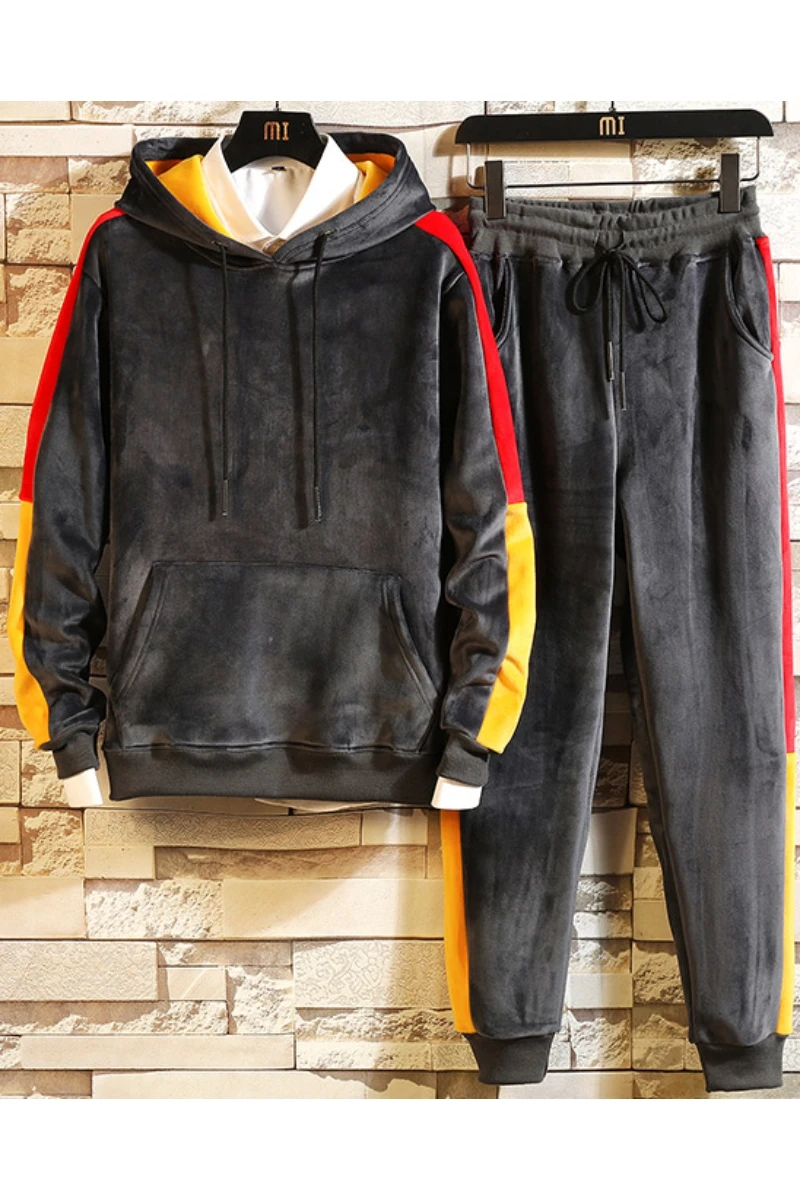 

Men Warm Hoodies Set Winter Autumn Golden velvet Casual Tracksuit Mens Set Sports Two Piece Patchwork Hoodie Pant Male Suit
