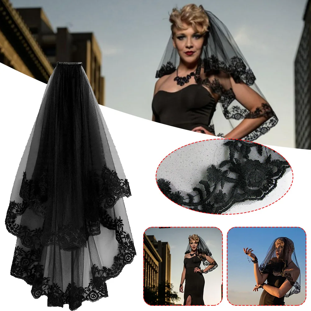 

Dropship 2 Tier Lace Veil with Comb Long Halloween Veil Bridal Wedding Veils Halloween Costume Party Decor Holiday Decorations
