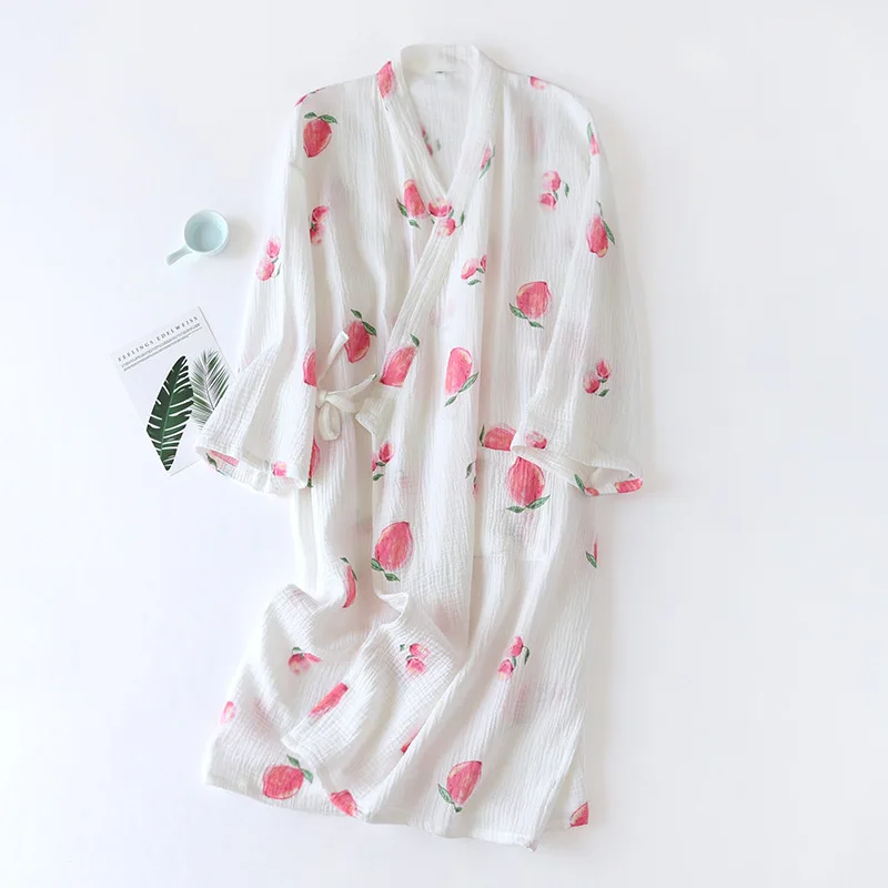 

Spring / Autumn New Japanese Kimono Robes Long Sleeve 100% Cotton Crepe Gauze Bathrobe Loose and Soft Peach Print Housewear 2021