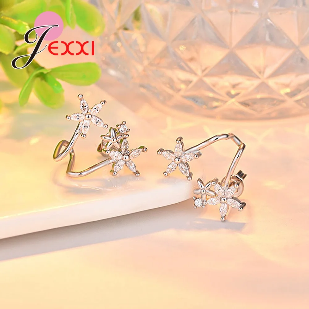 Серьги-клипсы,, 925 пробы, серебро, AAA, CZ, кристалл, панк, массивные, звезда, цветок, дизайн, пирсинг, подвески