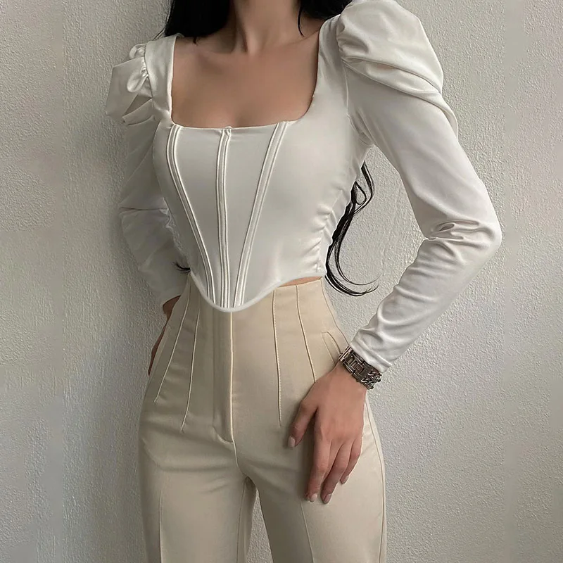 

Elegant Women Party Crop Top Square Collar Puff Sleeve Autumn Corset Tops Slim Female Sexy Velevt Cropped Tops 2021