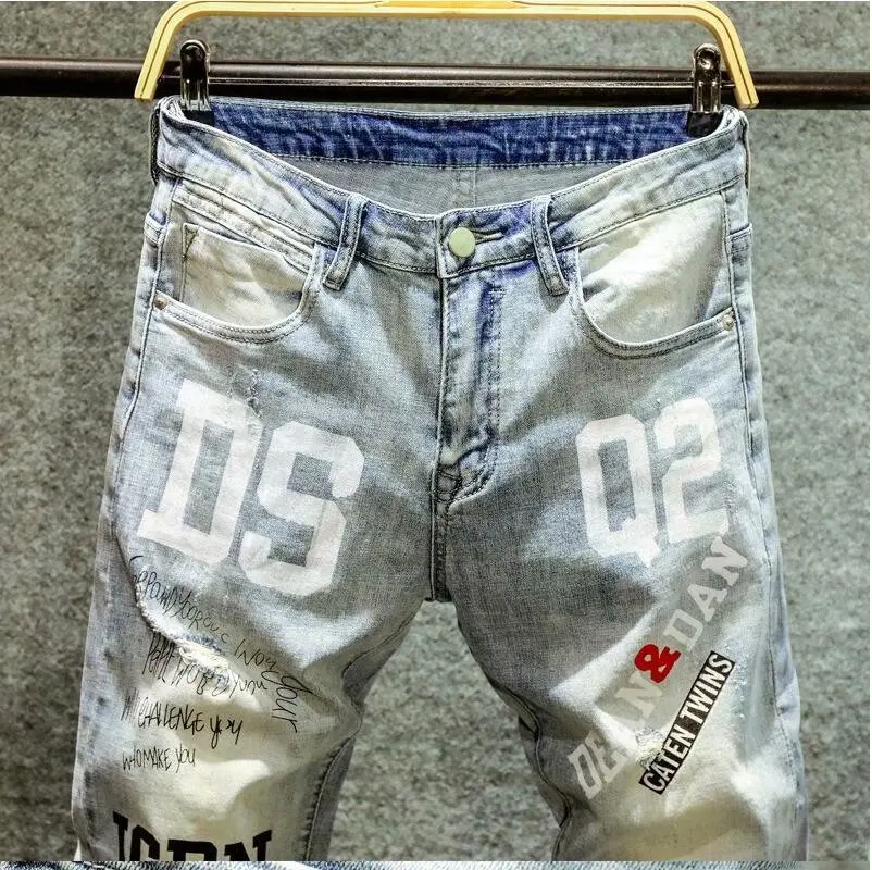 

DSQ2021 Men's Male Street Brand Letter Hole Hollow Beggar Light Beige Blue Youth Slim Fit Elastic Jeans Men trousers Denim Pants
