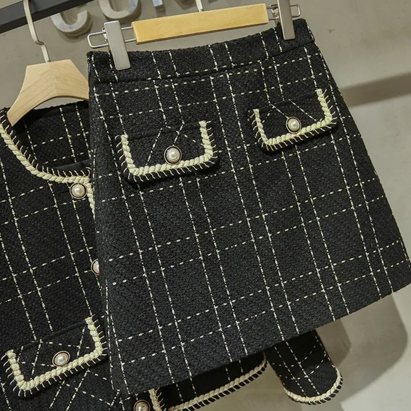 

Fashion Ladies Coats Skirts Plaid 2Pcs Outfits Long Sleeve Single Breasted O-Neck Pockets Short Jackets High Waist A-Line Skirts