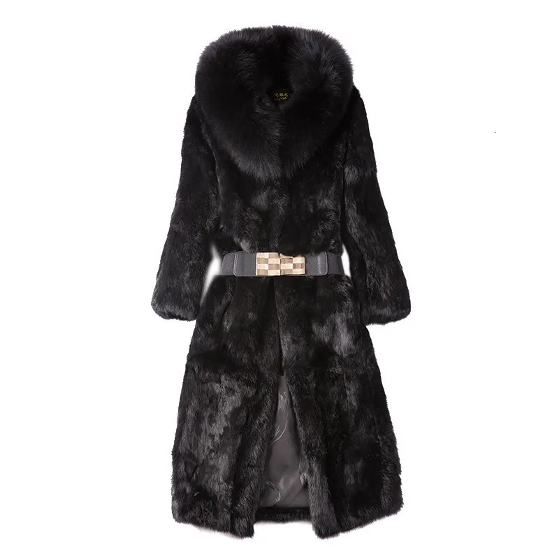 

2020 Women Real Rabbit Fur Long Coat Thick Warm Overcoat Natural Fox Fur Collar Coats Belted Slim Fit Real Fur Jacket Outwear