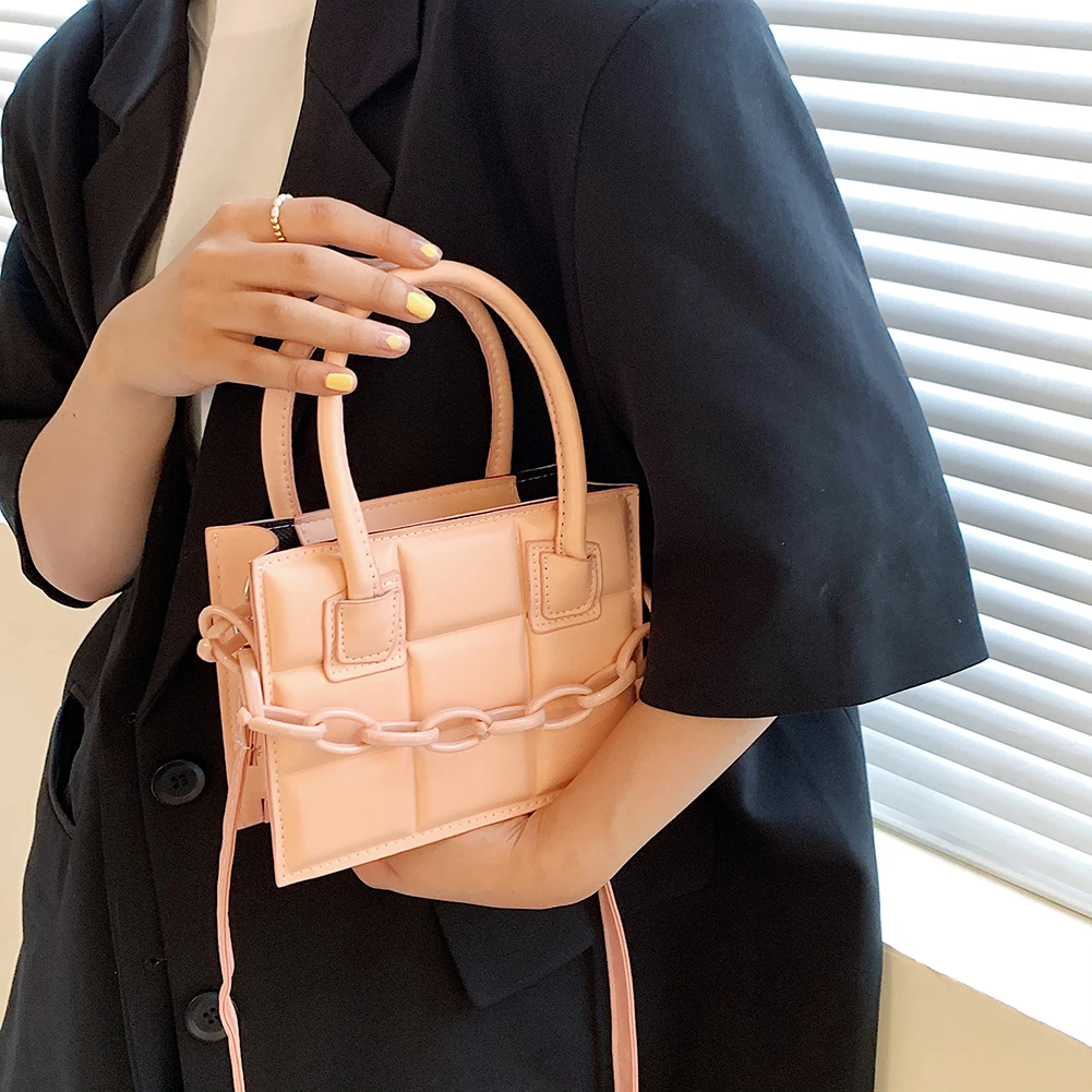 

Plaid Pattern Small Shoulder Bag For Women 2021 Soft Pu Leather Crossbody Female Acrylic Thick Chain Square Handbag And Purses