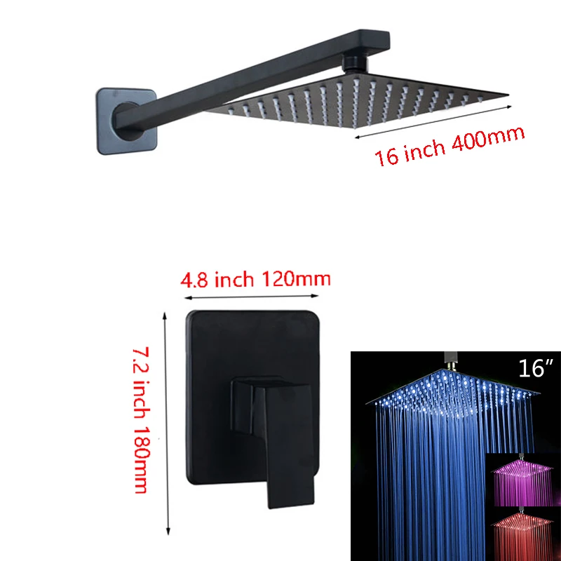 LED 16 Inch Shower JIENI светодиодный 8 12 16 дюймов черный Рисунок настенное крепление из меди дождевой воды Ванная комната ультратонкая квадратная душевая головка ручная насадка для душа кран - Цвет: LED 16 Inch Shower