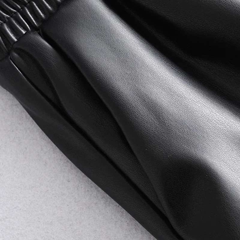 Женские прямые брюки Za из искусственной кожи зимние черные эластичные с высокой