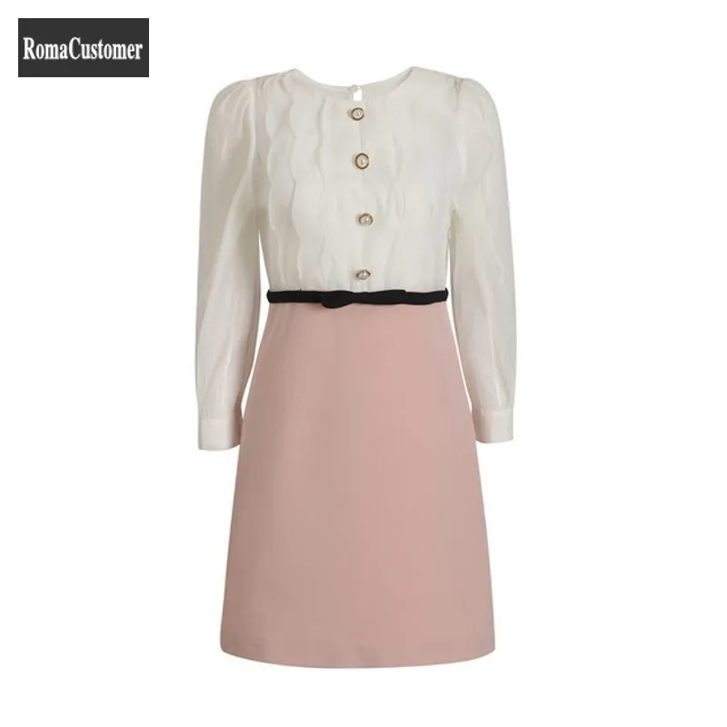 

Puff Sleeve Mixed Colors Dress French Style Elegant Fashion Womens New O-Neck Office Lady Long Sleeve Casual A-Line Dress