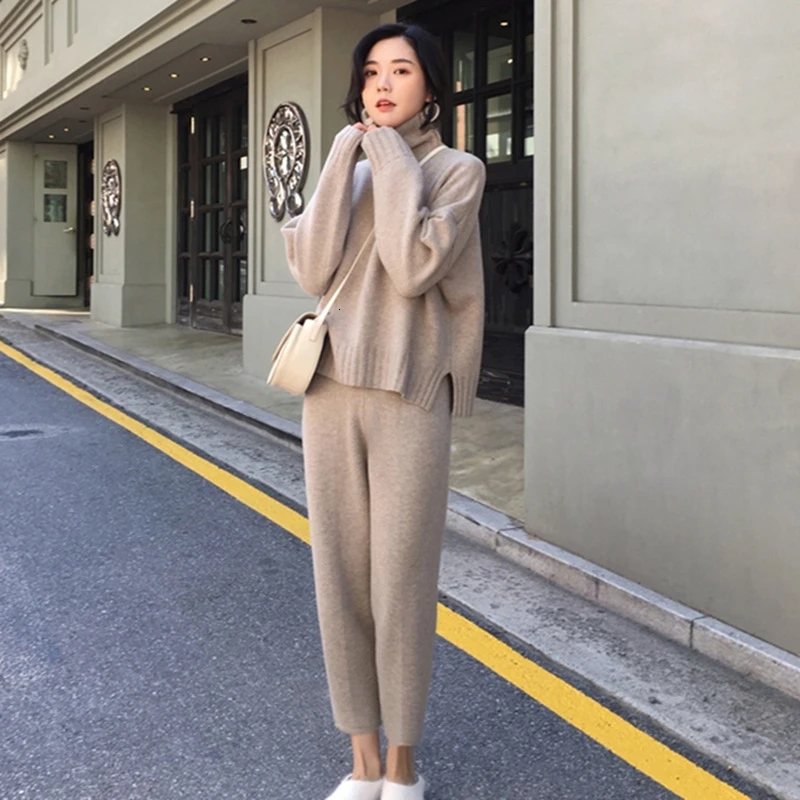 Женский Теплый вязаный спортивный костюм с высоким воротом модный свободный