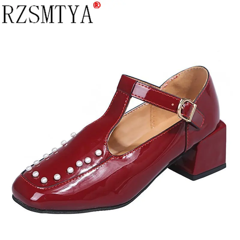 

Sexy Patent Leather Square Toe Mary Jane Shoes for Women Fashion Pearl Ankle Buckle Woman Pumps Cut Out Square Heel Shoes