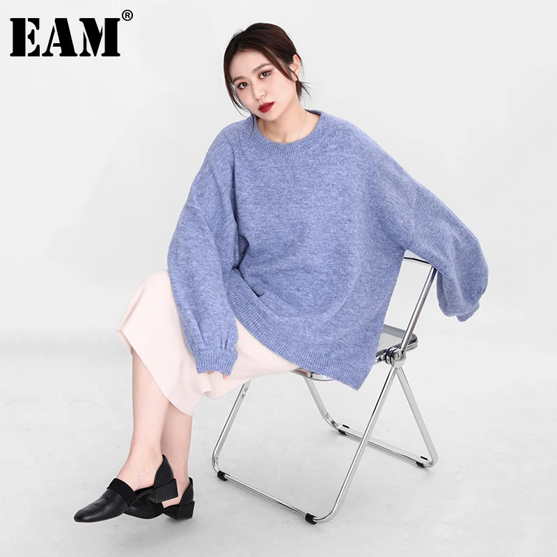 

[EAM] синий большой размер вязаный свитер свободный круглый вырез рукав-фонарик женские пуловеры новая мода весна осень 2021 1DD606105