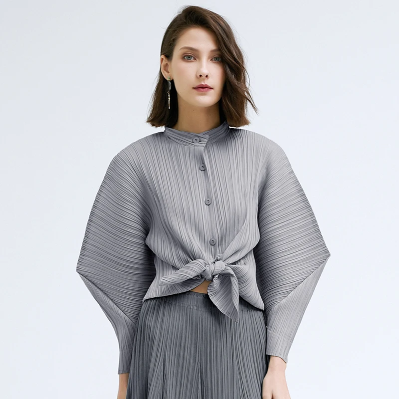 Женская плиссированная рубашка Miyake Свободный кардиган с высоким воротником и