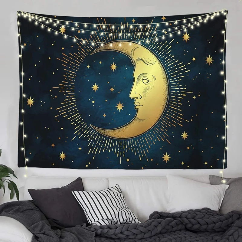 Гобелен с Луной стена со звездами психоделическая эстетика небесный темно-синий