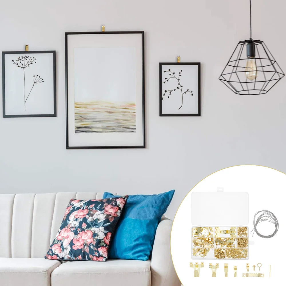 

282 Pcs 1 Box Photo Frame Hook Set Screws Wire Rope Accessory Kit (Golden)