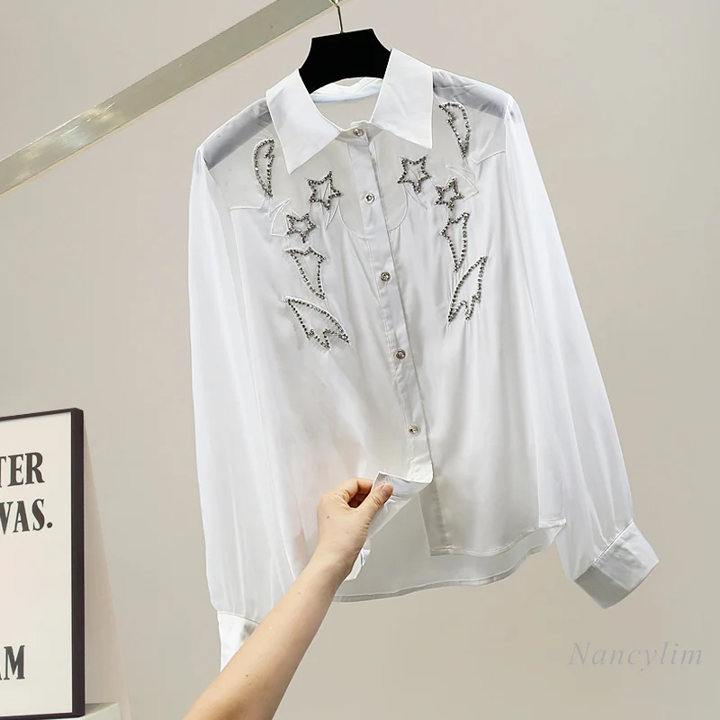 

Блузка Женская атласная с вышивкой, прозрачная Свободная рубашка с длинным рукавом и прострочкой из органзы, элегантный топ