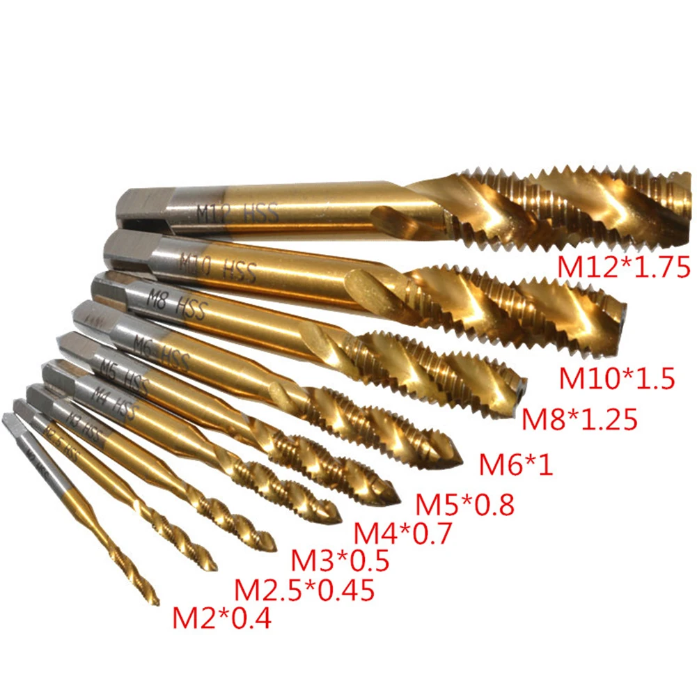 

9pcs Spiral Pointed Taps M2-M12 Tapping Thread Forming Drill Bits Metric Spiral Fluted Machine Screw Tap Kit