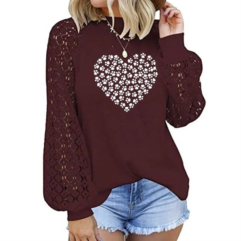 

New Fashion Dog Cat Paw Letters Print Round Neck Long Sleeve Lace Stitching Loose Blouse Women T-Shirt For Women