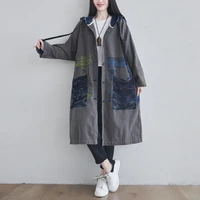 free shipping single breasted loose straight full sleeve spring autumn hooded long mid calf outerwear with pockets