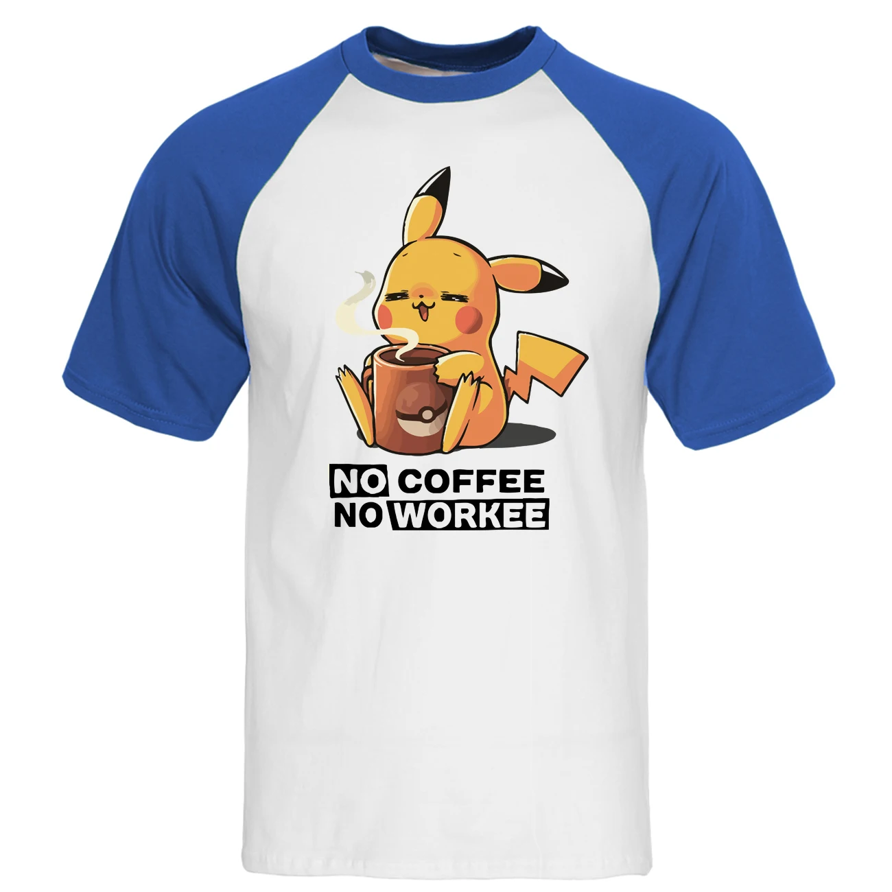 Pikachu No coffee No Workee, Мужская Футболка реглан, Kawaii, летние топы из хлопка с коротким рукавом, свободные милые футболки с японским аниме