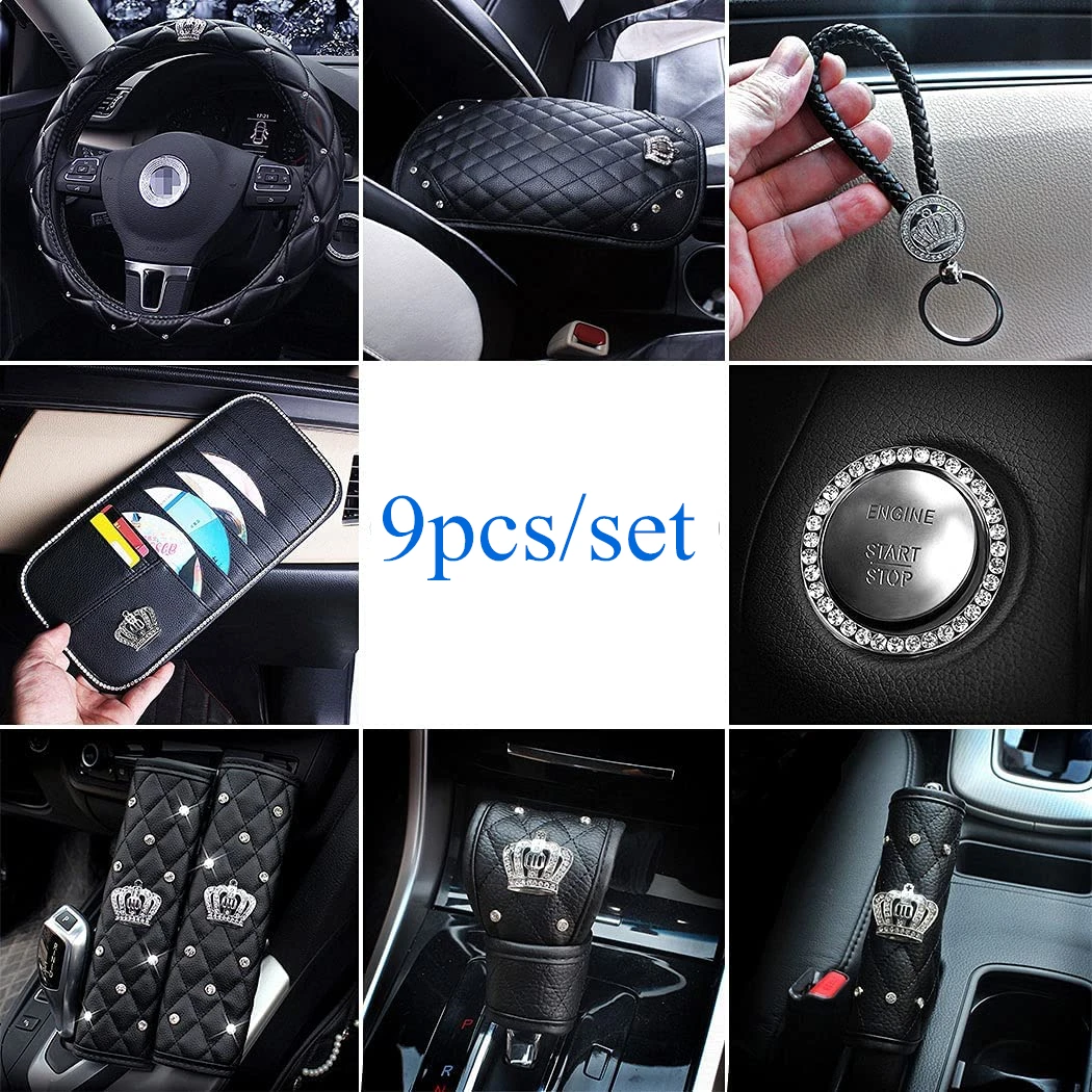 9pcs Car Accessories for Men Women Cute Set Leather Interior Decor Bling Crown Shoulder Pads CD Organizer Steering Wheel Cover 9pcs Car Accessories for Men Women Cute Set Leather Interior Decor Bling Crown Shoulder Pads CD Organizer Steering Wheel Cover