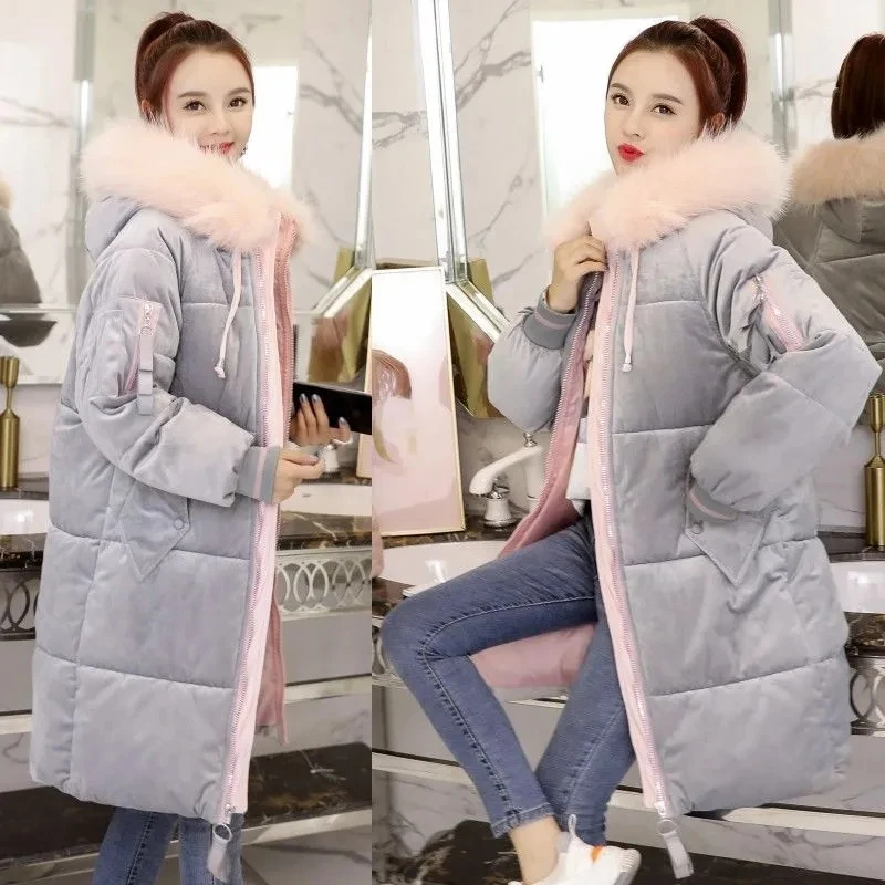 2021 Golden Velvet Winter Down Jacket For Women Hooded False Fur Warm Thicken Female Cotton Long Loose Puffer Jackets | Женская одежда