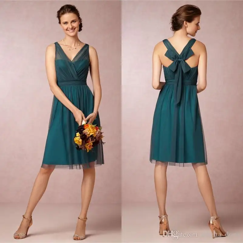 

2021A Line V neck Knee Length Color Bridesmaid Dresses Short VintageTulle Satin Bow Cocktail Party Gowns Short Dress