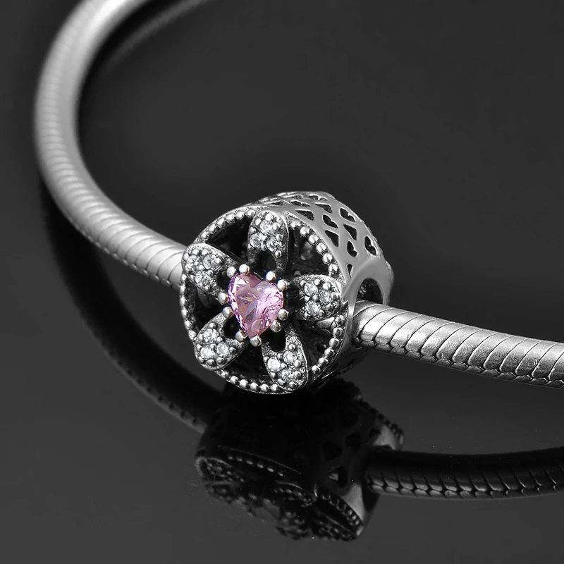 Holiday gifts 925 Sterling Silver hollow out flower shape pink CZ Beads for Jewelry making Fit Original europeu Charm Bracelet | Украшения