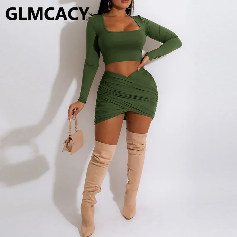 

Women Two Piece Sexy Dress Suits Long Sleeve Square Neck Crop Top & Bodycon Mini Skirt Set