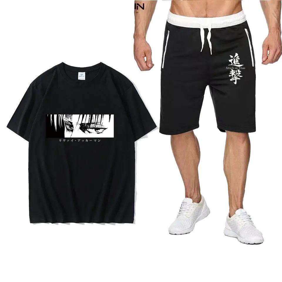 

Summer Two Piece Set Anime cotton men's T-shirt + sports men's sets Attack On Titan Shorts pantsuit T Shirts Sets Sweatpants
