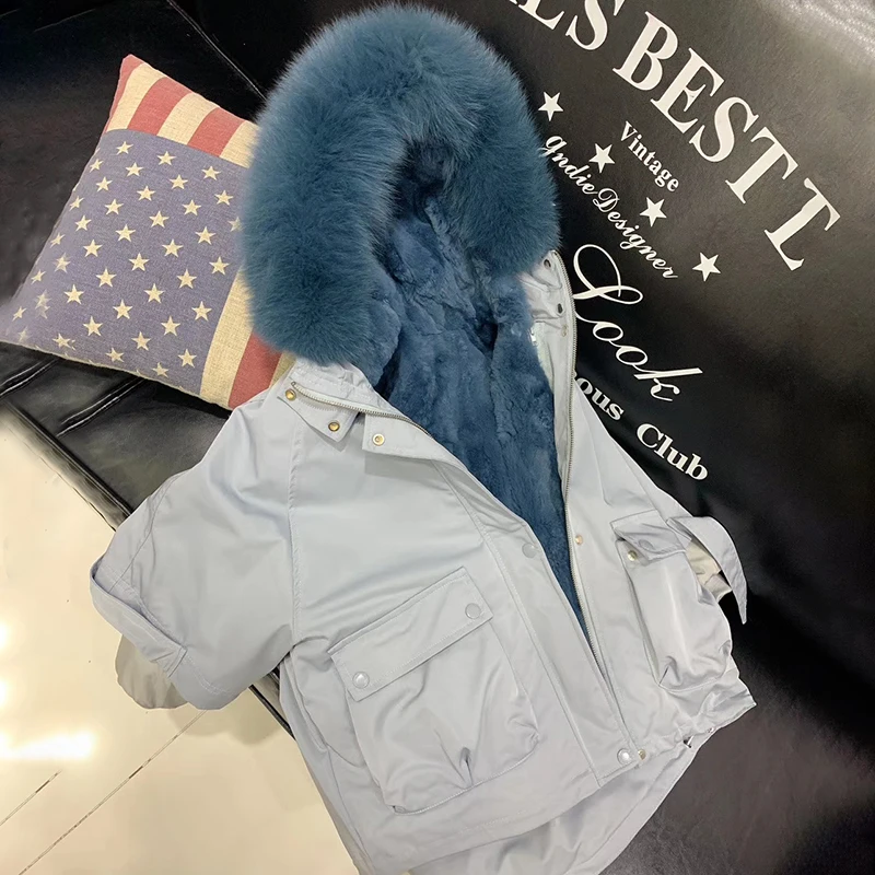 Blue Модная шуба натуральный мех для девочек, детские куртки с меховым воротником, теплое меховое пальто для мальчиков, зимнее пальто для девочек, детские зимние костюмы, парка для девочек - Цвет: Blue