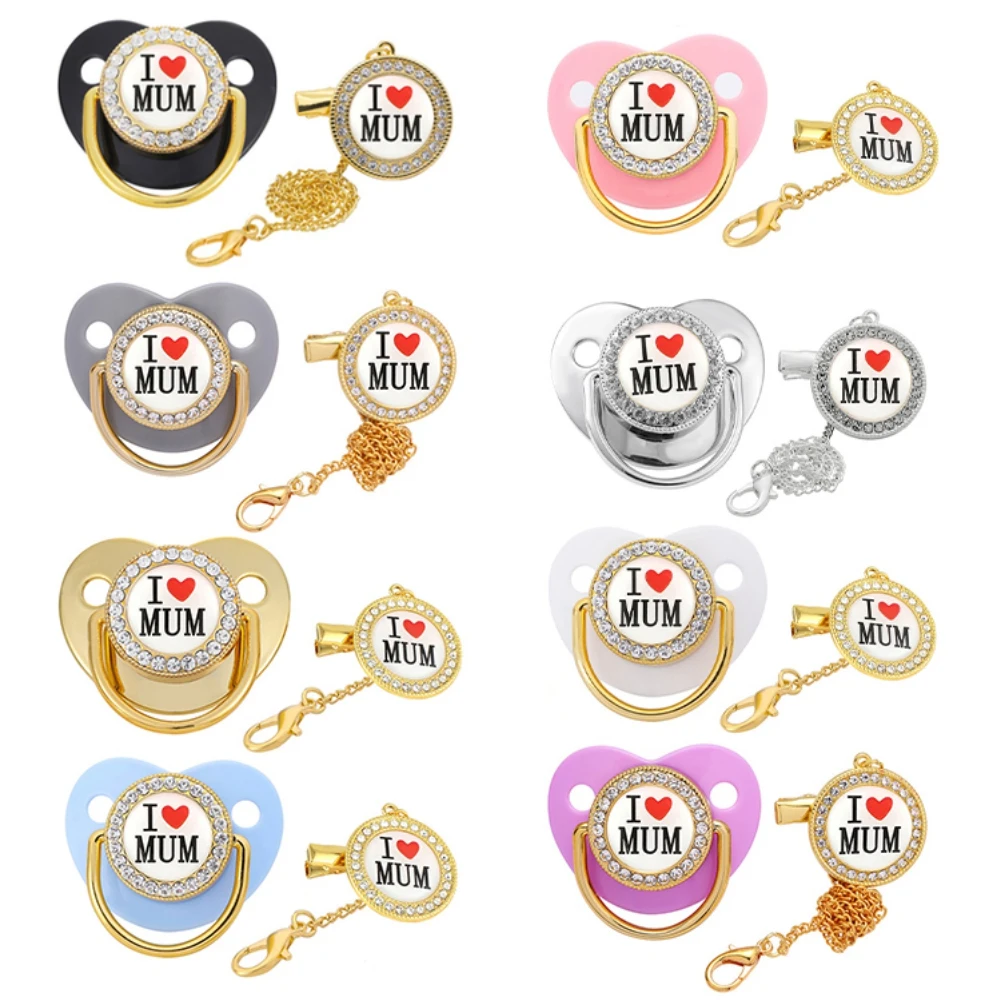 

Baby Golden I Love Mom Series Baby Pacifier with Chain Clip Luxury Sucette Bebe BPA Free White Chupete for 0-12 Months